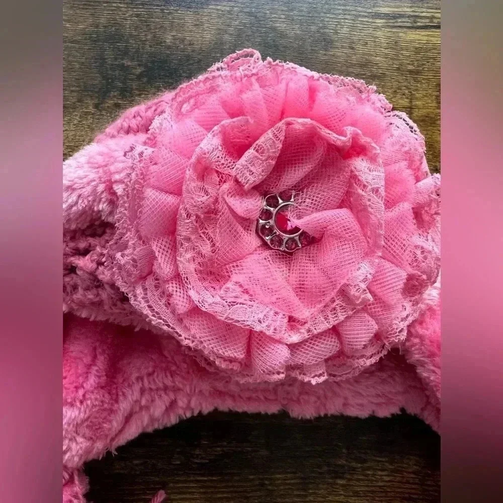 jamie rae hats | Candy Pink Winter Wimple Hat Candy Pink Lace Rose. Size: 3/6M